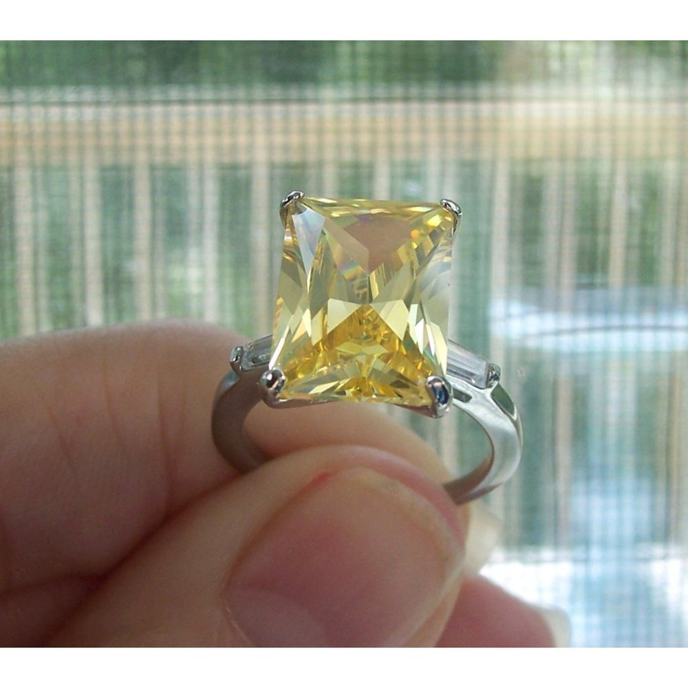 STAINLESS STEEL Canary Yellow Radiant Cut Cubic Zirconia Ring - Picture 9 of 16